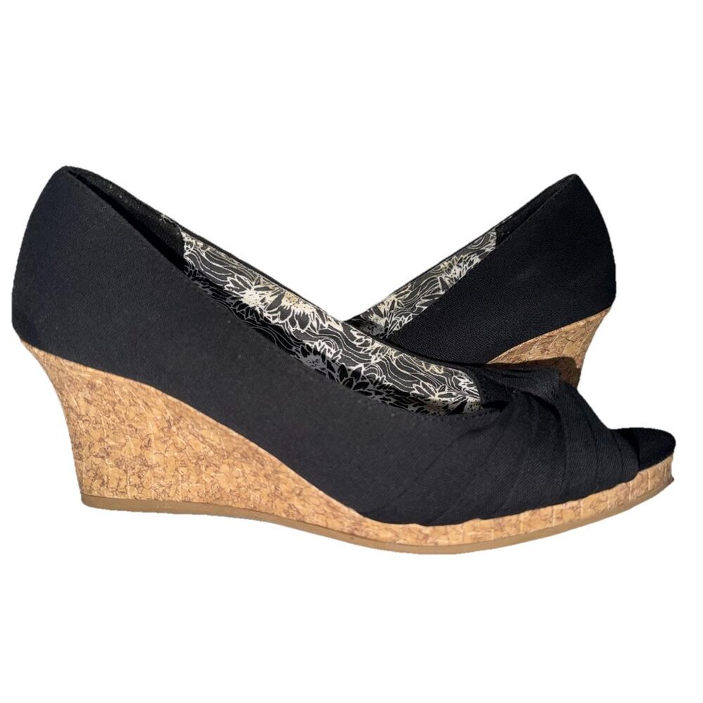 Dexflex Womens 9.5 Black Peep Toe Wedge Heels Cork Style Comfort Cushioned